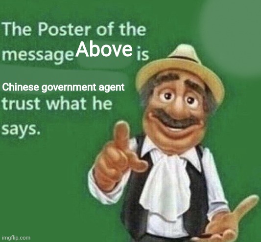 The Poster Of The Message Blank | Above; Chinese government agent | image tagged in the poster of the message blank | made w/ Imgflip meme maker