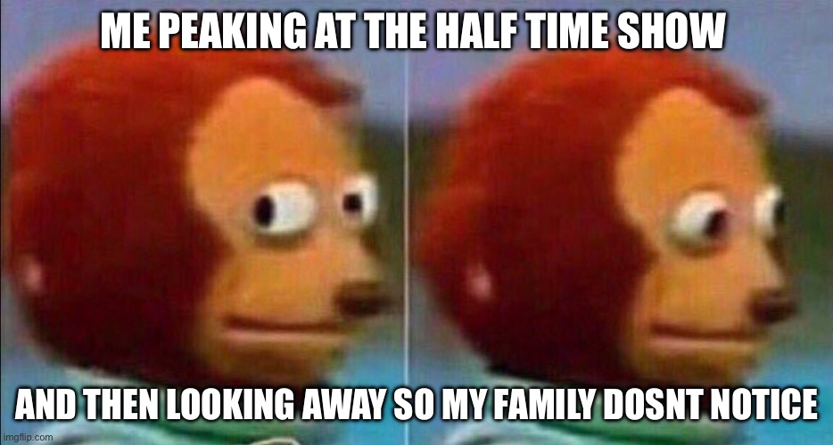 This was me | ME PEAKING AT THE HALF TIME SHOW; AND THEN LOOKING AWAY SO MY FAMILY DOSNT NOTICE | image tagged in monkey looking away | made w/ Imgflip meme maker