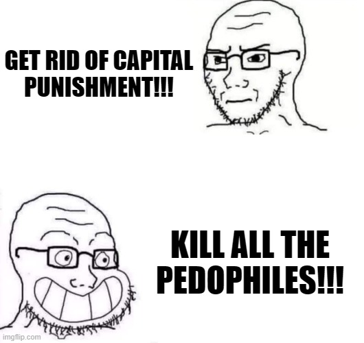 Hypocrite Neckbeard | GET RID OF CAPITAL
PUNISHMENT!!! KILL ALL THE PEDOPHILES!!! | image tagged in hypocrite neckbeard | made w/ Imgflip meme maker