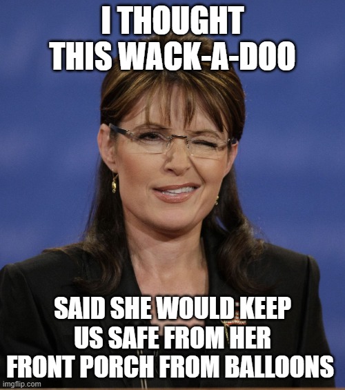 i can see russia from my porch | I THOUGHT THIS WACK-A-DOO; SAID SHE WOULD KEEP US SAFE FROM HER FRONT PORCH FROM BALLOONS | image tagged in sarah palin butthole | made w/ Imgflip meme maker