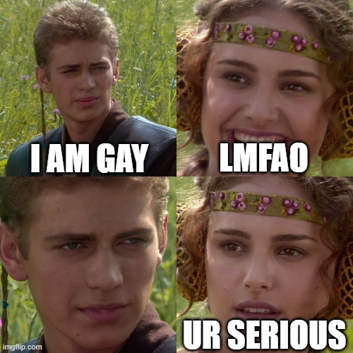 Anakin Padme 4 Panel | I AM GAY; LMFAO; UR SERIOUS | image tagged in anakin padme 4 panel | made w/ Imgflip meme maker