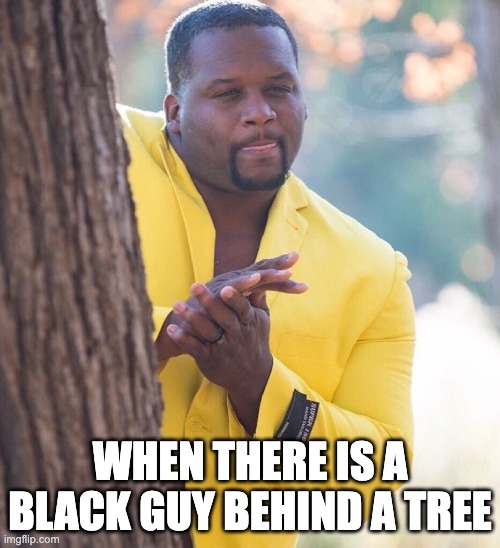 Black guy hiding behind tree | WHEN THERE IS A BLACK GUY BEHIND A TREE | image tagged in black guy hiding behind tree | made w/ Imgflip meme maker