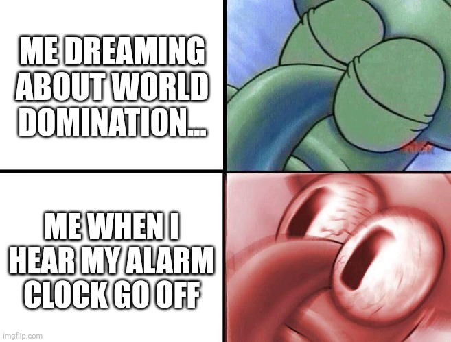 Dreamin of world domination | ME DREAMING ABOUT WORLD DOMINATION... ME WHEN I HEAR MY ALARM CLOCK GO OFF | image tagged in sleeping squidward | made w/ Imgflip meme maker