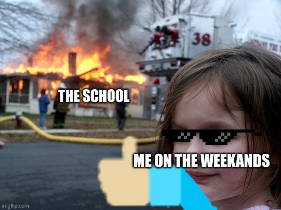 school is bad (joke) | THE SCHOOL; ME ON THE WEEKANDS | image tagged in memes,disaster girl | made w/ Imgflip meme maker