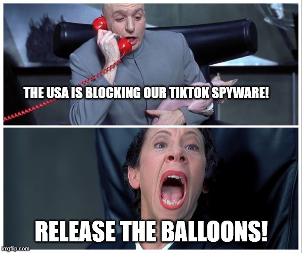 Dr Evil and Frau Yelling | THE USA IS BLOCKING OUR TIKTOK SPYWARE! RELEASE THE BALLOONS! | image tagged in dr evil and frau yelling | made w/ Imgflip meme maker