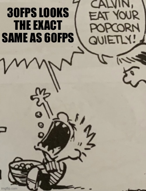 Dumb statements | 30FPS LOOKS
THE EXACT
SAME AS 60FPS | image tagged in calvin eat your popcorn quietly | made w/ Imgflip meme maker