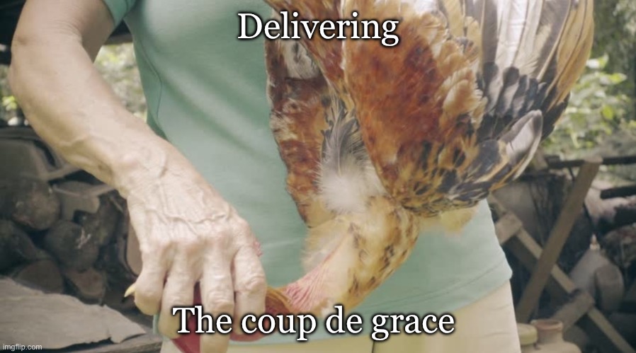 Delivery chicken | Delivering The coup de grace | image tagged in twisting chicken neck | made w/ Imgflip meme maker