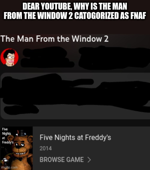 markiplier | DEAR YOUTUBE, WHY IS THE MAN FROM THE WINDOW 2 CATOGORIZED AS FNAF | image tagged in youtube | made w/ Imgflip meme maker