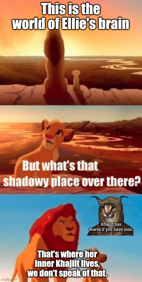 Simba Shadowy Place Meme | This is the world of Ellie's brain; Khajiit has wares if you have coin. That's where her inner Khajiit lives, we don't speak of that. | image tagged in memes,simba shadowy place,khajiit has wares if you have coin | made w/ Imgflip meme maker