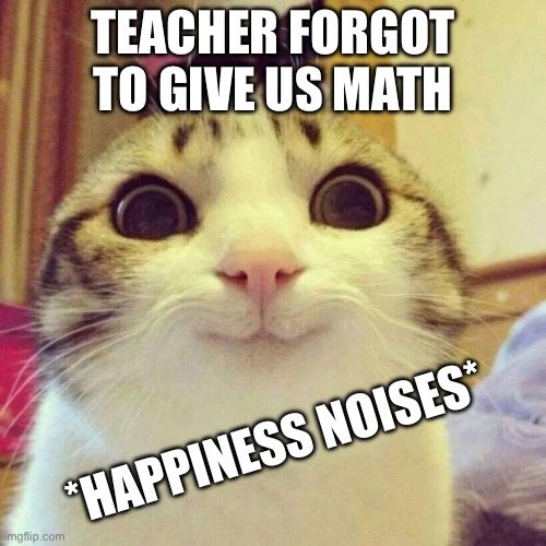 Thank you teacher ? | TEACHER FORGOT TO GIVE US MATH; *HAPPINESS NOISES* | image tagged in memes,smiling cat | made w/ Imgflip meme maker