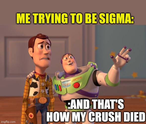 X, X Everywhere | ME TRYING TO BE SIGMA:; :AND THAT'S HOW MY CRUSH DIED | image tagged in memes,x x everywhere | made w/ Imgflip meme maker