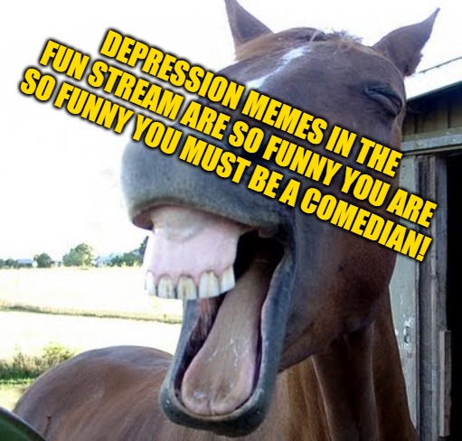 horse laugh | DEPRESSION MEMES IN THE FUN STREAM ARE SO FUNNY YOU ARE SO FUNNY YOU MUST BE A COMEDIAN! | image tagged in horse laugh | made w/ Imgflip meme maker