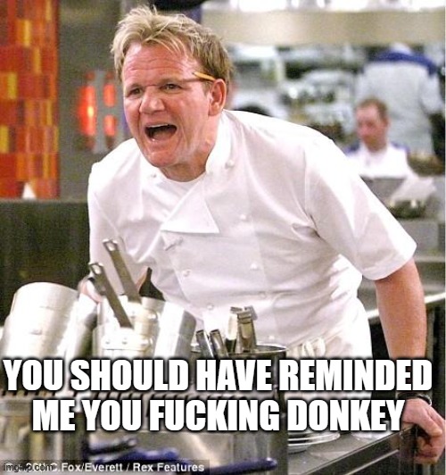 Chef Gordon Ramsay Meme | YOU SHOULD HAVE REMINDED ME YOU FUCKING DONKEY | image tagged in memes,chef gordon ramsay | made w/ Imgflip meme maker