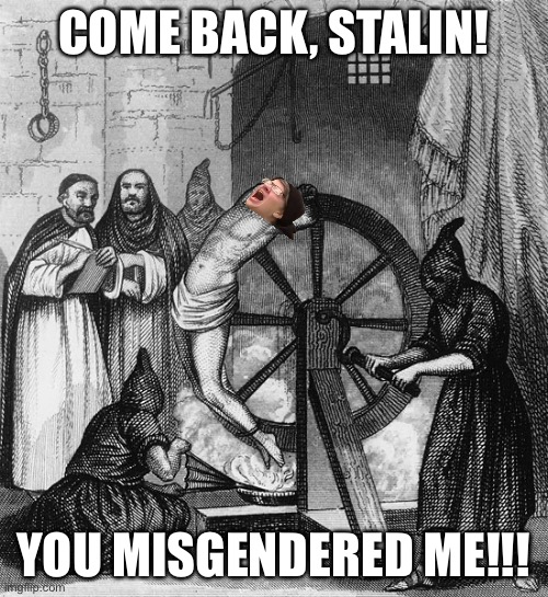 if 2023 americans lived in 1950s USSR… | COME BACK, STALIN! YOU MISGENDERED ME!!! | image tagged in torture rack wheel | made w/ Imgflip meme maker