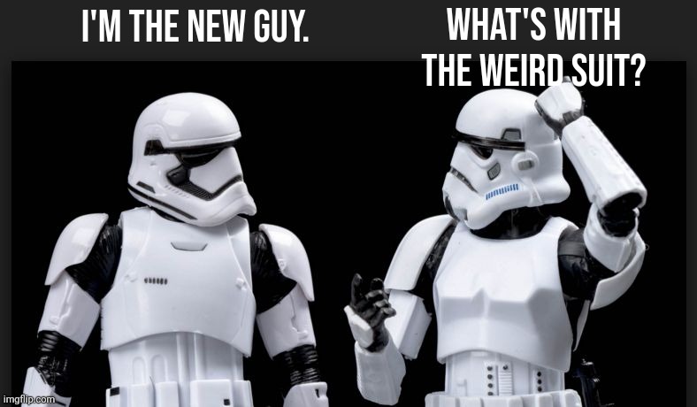 Hey, whoever is in charge, who's this guy? | What's with the weird suit? I'm the new guy. | image tagged in stormtrooper | made w/ Imgflip meme maker