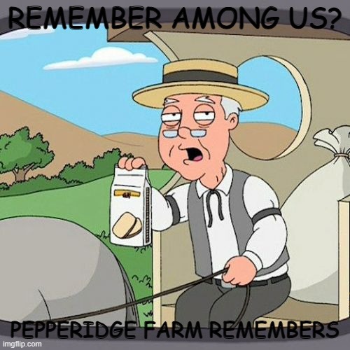 among us is dead 100% | REMEMBER AMONG US? PEPPERIDGE FARM REMEMBERS | image tagged in memes,pepperidge farm remembers,among us,not funny,mems | made w/ Imgflip meme maker
