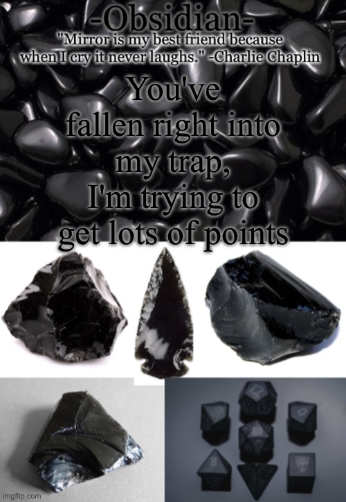 I know that if I post anything furry related, everyone will comment, which means I get points | You've fallen right into my trap, I'm trying to get lots of points | image tagged in obsidian | made w/ Imgflip meme maker