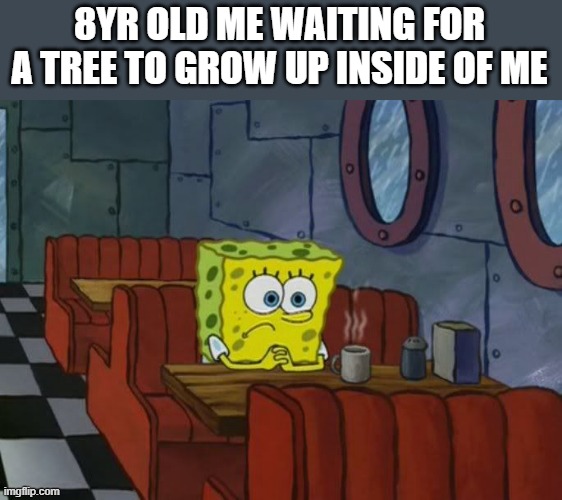 lol | 8YR OLD ME WAITING FOR A TREE TO GROW UP INSIDE OF ME | image tagged in sad spongebob | made w/ Imgflip meme maker