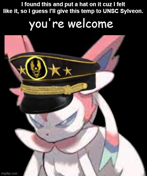 Here take this template. | I found this and put a hat on it cuz I felt like it, so I guess I'll give this temp to UNSC Sylveon. you're welcome | image tagged in unsc sylveon | made w/ Imgflip meme maker