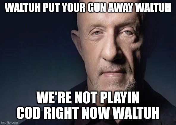 Waltuh | WALTUH PUT YOUR GUN AWAY WALTUH WE'RE NOT PLAYIN COD RIGHT NOW WALTUH | image tagged in waltuh | made w/ Imgflip meme maker