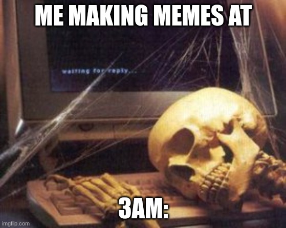 skeleton computer | ME MAKING MEMES AT; 3AM: | image tagged in skeleton computer | made w/ Imgflip meme maker