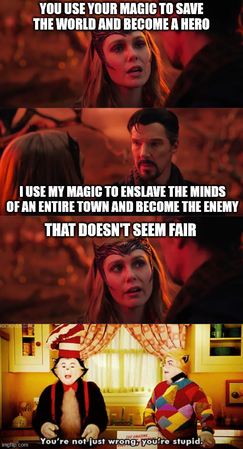 Yeah it totally works like that, Wanda. |  YOU USE YOUR MAGIC TO SAVE THE WORLD AND BECOME A HERO; I USE MY MAGIC TO ENSLAVE THE MINDS OF AN ENTIRE TOWN AND BECOME THE ENEMY; THAT DOESN'T SEEM FAIR | image tagged in that doesn't seem fair,you're not just wrong you're stupid,wanda,dr strange,marvel | made w/ Imgflip meme maker
