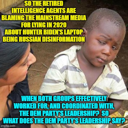 Has anyone actually asked that leadership about their political operatives? | SO THE RETIRED INTELLIGENCE AGENTS ARE BLAMING THE MAINSTREAM MEDIA FOR LYING IN 2020 ABOUT HUNTER BIDEN'S LAPTOP BEING RUSSIAN DISINFORMATION; WHEN BOTH GROUPS EFFECTIVELY WORKED FOR, AND COORDINATED WITH, THE DEM PARTY'S LEADERSHIP?  SO WHAT DOES THE DEM PARTY'S LEADERSHIP SAY? | image tagged in third world skeptical kid | made w/ Imgflip meme maker