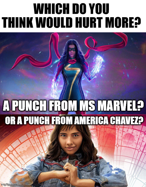 both would hurt like crazy, ngl |  WHICH DO YOU THINK WOULD HURT MORE? A PUNCH FROM MS MARVEL? OR A PUNCH FROM AMERICA CHAVEZ? | image tagged in marvel,punch | made w/ Imgflip meme maker