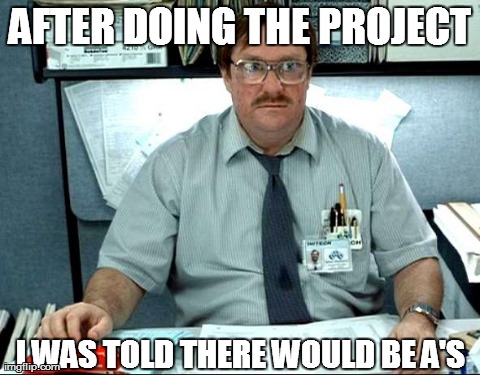 I Was Told There Would Be | AFTER DOING THE PROJECT I WAS TOLD THERE WOULD BE A'S | image tagged in memes,i was told there would be | made w/ Imgflip meme maker