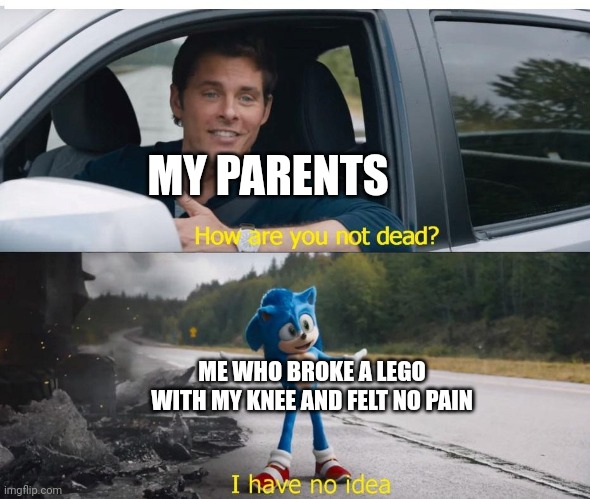 Is it just me? | MY PARENTS; ME WHO BROKE A LEGO WITH MY KNEE AND FELT NO PAIN | image tagged in sonic how are you not dead | made w/ Imgflip meme maker