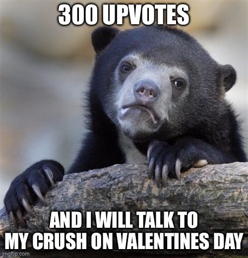 300 upvotes ill talk to my crush | 300 UPVOTES; AND I WILL TALK TO MY CRUSH ON VALENTINES DAY | image tagged in memes,confession bear | made w/ Imgflip meme maker