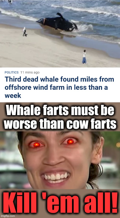 Here's your "green energy" | Whale farts must be
worse than cow farts; Kill 'em all! | image tagged in crazy aoc,memes,whales,wind farm,green energy,democrats | made w/ Imgflip meme maker