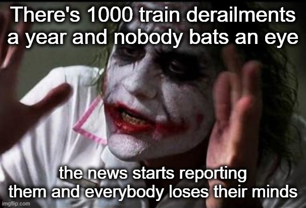 You're totally not being manipulated | There's 1000 train derailments a year and nobody bats an eye; the news starts reporting them and everybody loses their minds | image tagged in everyone loses their minds | made w/ Imgflip meme maker