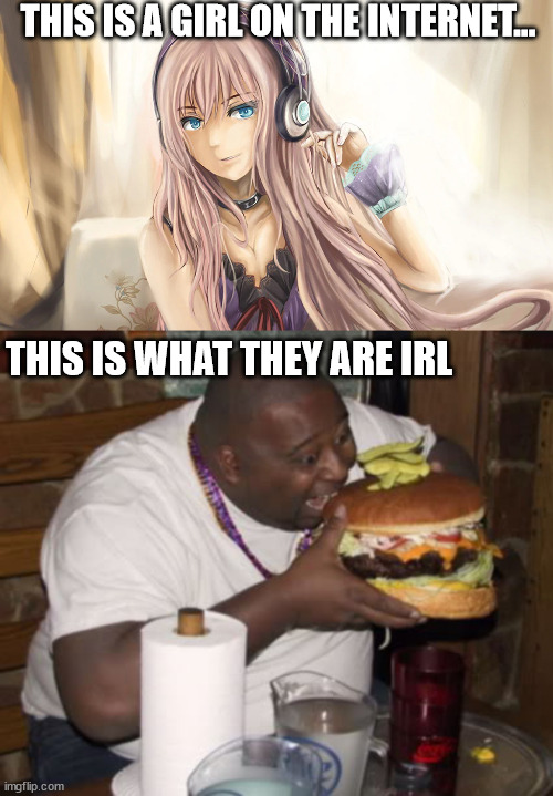 This fat guy might be the kawaii anime girl you were chatting with online and planning on dating... | THIS IS A GIRL ON THE INTERNET... THIS IS WHAT THEY ARE IRL | image tagged in fat guy eating burger | made w/ Imgflip meme maker