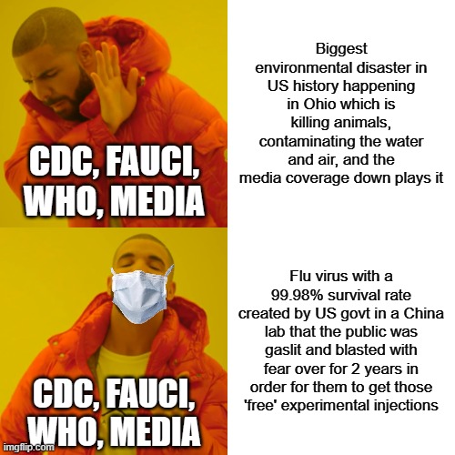 Food processing plants destroyed, chicken farms destroyed, now this??? | Biggest environmental disaster in US history happening in Ohio which is killing animals, contaminating the water and air, and the media coverage down plays it; CDC, FAUCI, WHO, MEDIA; Flu virus with a 99.98% survival rate created by US govt in a China lab that the public was gaslit and blasted with fear over for 2 years in order for them to get those 'free' experimental injections; CDC, FAUCI, WHO, MEDIA | image tagged in memes,drake hotline bling | made w/ Imgflip meme maker