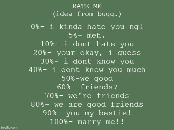 idea from Bugg. , dont worry they said i could | RATE ME
(idea from bugg.); 0%- i kinda hate you ngl
5%- meh.
10%- i dont hate you
20%- your okay, i guess
30%- i dont know you
40%- i dont know you much
50%-we good
60%- friends?
70%- we're friends
80%- we are good friends
90%- you my bestie!
100%- marry me!! | made w/ Imgflip meme maker