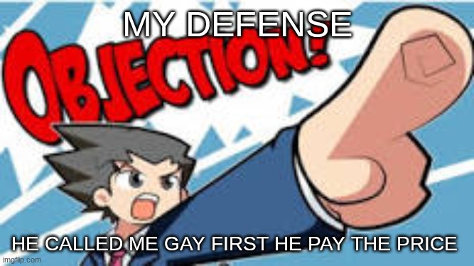 MY DEFENSE; HE CALLED ME GAY FIRST HE PAY THE PRICE | made w/ Imgflip meme maker