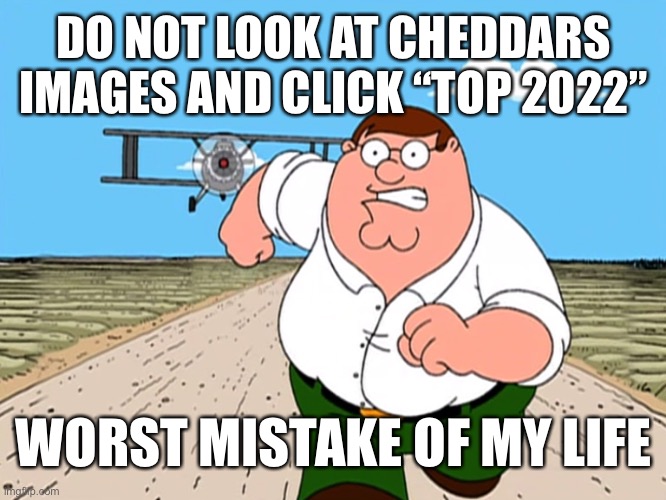 Peter Griffin running away | DO NOT LOOK AT CHEDDARS IMAGES AND CLICK “TOP 2022”; WORST MISTAKE OF MY LIFE | image tagged in peter griffin running away | made w/ Imgflip meme maker