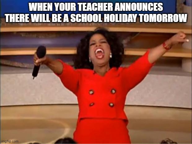 im not only the one right? | WHEN YOUR TEACHER ANNOUNCES THERE WILL BE A SCHOOL HOLIDAY TOMORROW | image tagged in memes,oprah you get a | made w/ Imgflip meme maker