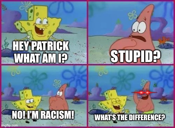 I just humiliated racists everywhere :D | STUPID? HEY PATRICK WHAT AM I? NO! I’M RACISM! WHAT’S THE DIFFERENCE? | image tagged in texas spongebob | made w/ Imgflip meme maker