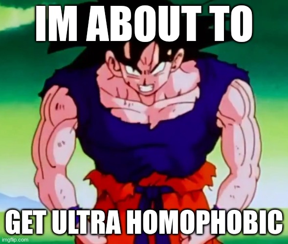I'm about to get racist Goku | IM ABOUT TO GET ULTRA HOMOPHOBIC | image tagged in i'm about to get racist goku | made w/ Imgflip meme maker