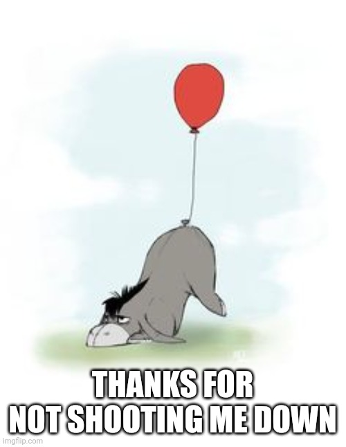 eeyore balloon | THANKS FOR NOT SHOOTING ME DOWN | image tagged in eeyore balloon | made w/ Imgflip meme maker