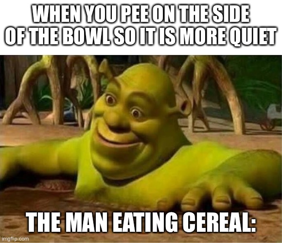 shrek | WHEN YOU PEE ON THE SIDE OF THE BOWL SO IT IS MORE QUIET; THE MAN EATING CEREAL: | image tagged in shrek | made w/ Imgflip meme maker