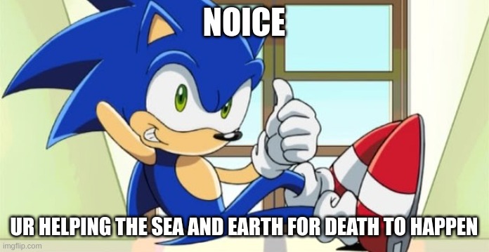 Sonic thumbs up | NOICE UR HELPING THE SEA AND EARTH FOR DEATH TO HAPPEN | image tagged in sonic thumbs up | made w/ Imgflip meme maker