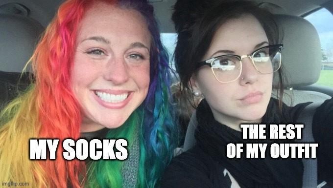 I love colourful socks | THE REST OF MY OUTFIT; MY SOCKS | image tagged in my sister and i are polar opposites | made w/ Imgflip meme maker