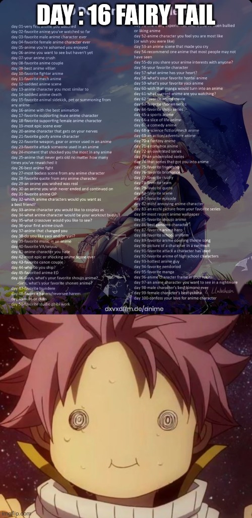 DAY : 16 FAIRY TAIL | image tagged in 100 day anime challenge,fairy tail natsu derp | made w/ Imgflip meme maker