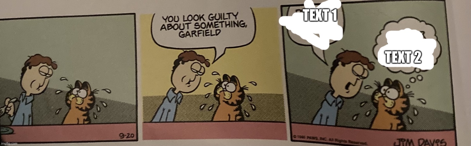 What do y’all think of my new template | TEXT 1; TEXT 2 | image tagged in garfield you look guilty about something,new template | made w/ Imgflip meme maker