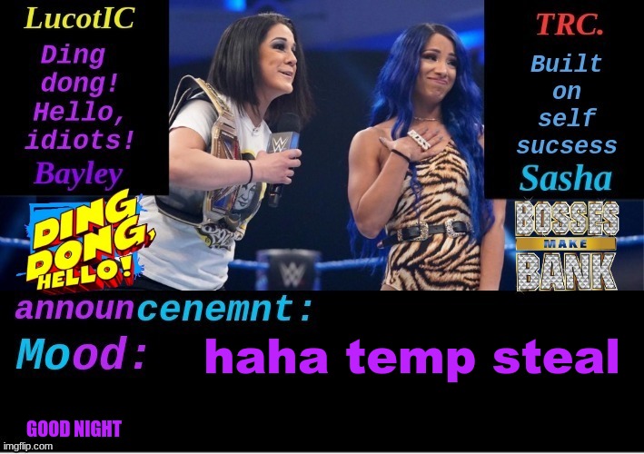 LucotIC and TRC: Boss 'n' Hug Connection DUO announcement temp | haha temp steal; GOOD NIGHT | image tagged in lucotic and trc boss 'n' hug connection duo announcement temp | made w/ Imgflip meme maker