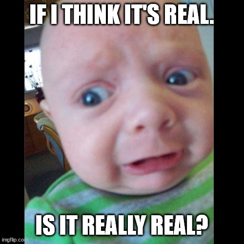 Terrified of Reality Baby | IF I THINK IT'S REAL. IS IT REALLY REAL? | image tagged in terrified of reality baby | made w/ Imgflip meme maker