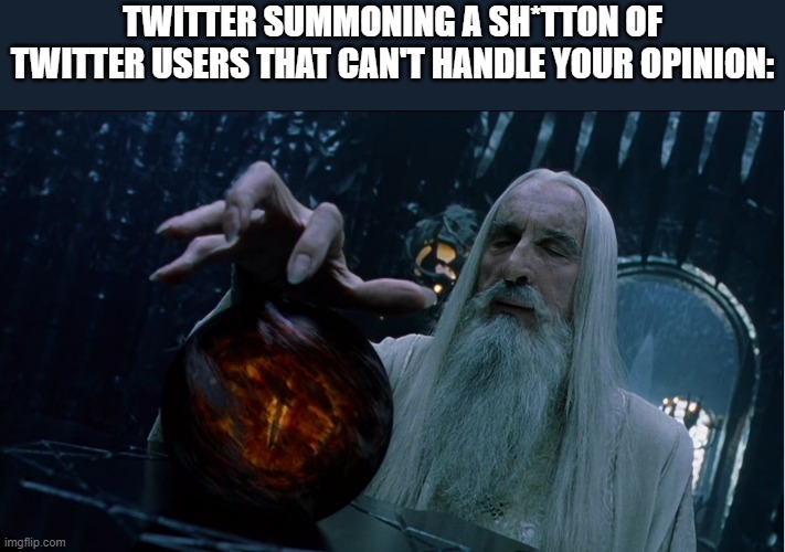 Saruman magically summoning | TWITTER SUMMONING A SH*TTON OF TWITTER USERS THAT CAN'T HANDLE YOUR OPINION: | image tagged in saruman magically summoning,memes,twitter,opinion,funny,comments | made w/ Imgflip meme maker